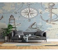 Générique Papier Peint Panoramique Phare Navigation Intissé Poster Fresque Murale 3D Boussole Carte Wallpaper pour Salon Chambre d'enfant Restaurant Couloir TV Fond Décoration Murale 450x315 cm H1182