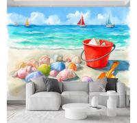 Générique Papier Peint Panoramique Plage De Dessin Animé Coquillages Pelle 350 x 256 cm Murale, Peinture À L’Aquarelle Papier Peint Intissé Photo pour Salle De Jeux Maternelle Décoration Murale