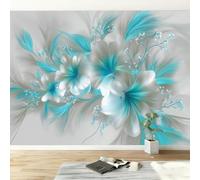 Générique Papier peint panoramique plante turquoise fleur, papier peint intissé français pour chambre salon salle à manger décoration murale - Fond d'écran photo Moderne art mural 500L x 280H cm
