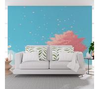 Générique Papier Peint Panoramique Plantes Peintes Arbres Paysage 350x256cm(L x H) Moderne Papier Peint intissé pour Chambre Salon Bureau Personnalisé Décoration Murale Nuages et Plantes Bleu