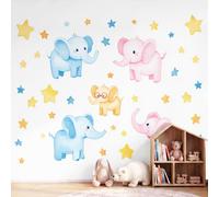 Générique Papier Peint Panoramique Poétique Aquarellee Animaux Romantique Poster Mural, Éléphants Étoiles Papier Peint Intissé Salon Chambre d'Enfant Chambre Canapé TV Fond Décoration - 150 x 105 cm