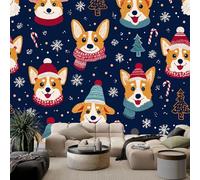Générique Papier peint Panoramique pour Enfant 200 x 140 cm Bleu marine - Photo Murale Noël avec chien corgi - Revêtement Mural Décoratif - Décoration pour Salon, Chambre, Cuisine, Salle de Bain, Ado