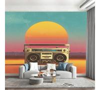Générique Papier Peint Panoramique Radio À L'Ancienne, Coucher de Soleil Papier Peint Mural Photo Motif Musique Vintage Tapisserie Panoramique Salon, Décoration Murale Chambre, 450x315cm(L x H)