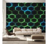 Générique Papier Peint Panoramique Rayon de Miel Néon, Papier Peint Hexagone Géométrique Fond pour Chambre Wallpaper, Fresque Murale pour Salon Salle Deco Murale, 366x254cm D&O148