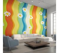Générique Papier Peint Panoramique Rayures Rétro 70s 300x210, Tapisserie Murales Papier Peint Fleur Hippie Groovy Décoration Murale Salon, Intissé Wallpaper W45