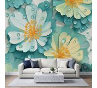 Générique Papier Peint Panoramique Relief 3D Peinte Murale, Esthétique Campagne Rustique Plants Floral Intissé Murale, Bleu Canard Photo Fresque pour Salon Chambre d'enfants Restaurant 350L x 256H cm