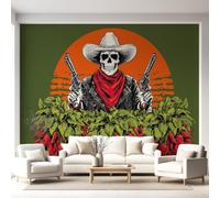Générique Papier Peint Panoramique Rétro Cowboy Style mexicain Poster Mural, Crâne Piment Vert matcha Papier Peint Intissé Salon Chambre D'Enfant Chambre Canapé TV Fond Décoration - 150 x 105 cm