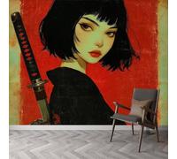 Générique Papier peint panoramique rétro futurisme 350L x 256H cm, Tapisserie mural décoration salon - Papier peint design moderne néon samouraï fille pour chambre chambre d'enfant décoration murale