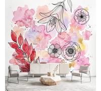 Générique Papier Peint Panoramique Rêve Aquarellee Fleur Feuille Rose, Poster Mural Géant Intissé, Décoration Murale pour Chambre Coiffeuse Décoration Salon Chambre d'Enfants 450 x 315 cm