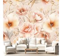 Générique Papier Peint Panoramique Romantique 300 x 210 cm, Poster Géant Mural Papier Peint Intissé, Décoration Fresque Murale Salon Chambre à Coucher Chambre d'Enfants Crème motifs floraux