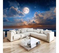 Générique Papier Peint Panoramique Romantique Pleine Lune Côte Vagues Vaste, Poster Géant Mural 300 x 210 cm, Intissé Décoration Murale pour Salon & Chambre d'Enfant, Bleu Marine (Non-adhésif)