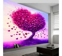 Générique Papier peint panoramique Rose Violet Cœurs Arbre, papier peint intissé Romantisme pour chambre salon salle à manger décoration murale - Fond d'écran photo Moderne art mural 200L x 140H cm