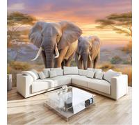 Générique Papier Peint Panoramique Savane Coucher Soleil Animaux Éléphant Rose Foncé 400 x 280 cm - Tapisserie Murale Moderne en Non-tissé pour Salon, Chambre à Coucher ou Chambre d'enfant
