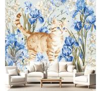 Générique Papier Peint Panoramique Style campagnard Animaux, 250 x 175 cm Intissé Chat Fleur d'iris Fresques Murales Salon Chambre d'Enfants Restaurant Canapé TV Fond Décoration Murale