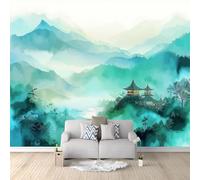 Générique Papier Peint Panoramique Style Chinois Lavis Montagne Zen Vert Clair Poster Mural Intissé 200 x 140 cm Décoration Murale pour Salon, Chambre à Coucher, Bureau et Fond TV