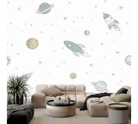 Générique Papier Peint Panoramique Style Dessin Animé Fusée Planètes Papier Peint Blanc, Fresque Murale Intissée - Décoration Murale Pour Salon Chambre D'Enfants Restaurant Bureau 300 x 210 cm