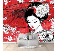 Générique Papier Peint Panoramique Style Japonais Femme Sakura Rouge 250x175 cm Poster Geant Mural 3D, Tapisserie Photo Peinture Murale, Papier Peint Intissé Fresque pour Salon Chambre Toile Fond TV