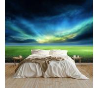 Générique Papier Peint Panoramique Terrain De Football Herbe Aurore Poster Geant Mural 400x280 cm, pour Salon Chambre Chambre D'enfants Restaurant Décoration Murale, Bleu-Vert