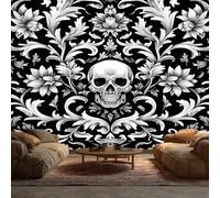 Générique Papier Peint Panoramique Tête de Mort - Papier Peint Crâne Gothique Damas Blanc - Deco Chambre Salon - Fresque Murale - Wallpaper - 500x260 cm A-206