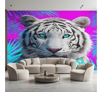 Générique Papier Peint Panoramique Tigre Blanc, Papier Peint Animaux Sauvage Tigre Plante 200 x 140 cm, Photo Décoration Murale, Papiers Peints Intissé Décoration Murale Salon Chambre EL&D55