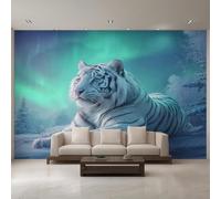 Générique Papier Peint Panoramique Tigre Blanc, Papier Peint Aurores Boréales Animaux Sauvage 450 x 260 cm, Photo Décoration Murale, Papiers Peints Intissé Décoration Murale Salon Chambre EL&D47