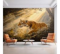 Générique Papier Peint Panoramique Tigre, Papier Peint Soleil Jungle Botanique 200 x 140 cm, Photo Décoration Murale, Papiers Peints Intissé Décoration Murale Salon Chambre EL&D53