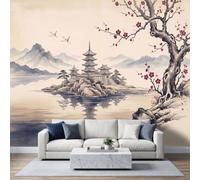 Générique Papier Peint Panoramique Traditionnel Architecture Fleurs Fleur Cerisier, Poster Geant Mural Lavis Japonais Pour Salon Chambre D'Enfant Restaurant Décoration 250(L) x 175(H) cm