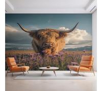 Générique Papier Peint Panoramique Vache des Highlands, Papier Peint Bétail des Hautes Terres Fleurs Sauvages Fond pour Chambre Wallpaper, Fresque Murale pour Salon Salle Deco Murale, 200x140cm D&O62