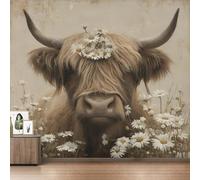 Générique Papier Peint Panoramique Vache des Highlands, Papier Peint Marguerite Bovins des Highlands Fond pour Chambre Wallpaper, Fresque Murale pour Salon Salle Deco Murale, 350x256cm D&O120