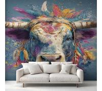 Générique Papier Peint Panoramique Vache, Papier Peint Plume Coloré Tête de Taureau 250 x 175 cm, Photo Décoration Murale, Papiers Peints Intissé Décoration Murale Salon Chambre EL&D48