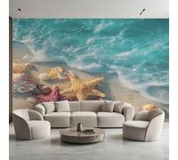 Générique Papier Peint Panoramique Vagues de l'océan, Papier Peint Étoile de Mer Coquillage Fond pour Chambre Wallpaper, Fresque Murale pour Salon Salle Deco Murale, 500x350cm D&O61