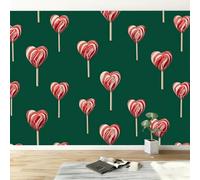Générique Papier Peint Panoramique Vert Cœurs Sucettes, Photo Murale Papier Peint Style Dessin Animé - Poster Tableaux 200L x 140H cm pour Salon Chambre à cCoucher Maison Décoration Intérieure