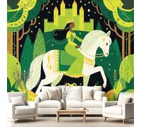 Générique Papier Peint Panoramique Vintage Forêt Princesse Cheval intissé Murale Beige pour Salon Chambre d'enfants restaurant Décoration Murale Poster, 450 x 315 cm(L x H)