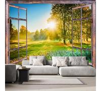 Générique Papier Peint Panoramique Vue Par La Fenêtre Forêt Intissé Poster Fresque Murale 3D Soleil Paysage Décoration Murale Art Wallpaper pour Salon Cuisine Bureau Chambre d'enfant 300x210 cm R-115