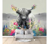 Générique Papier peint Panoramique Yaks Champs Fleurs Animaux Prairies 300 x 210 cm, Décoration Murale intissé - Décoratif Salon Salle de Bain Chambre d'enfant Gris Foncé