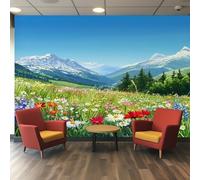 Générique Papier Peint Paysage Naturel, Motif Papier Peint Intissé Panoramique Prairie Montagne Fleurs Sauvages 200x140 Wallpaper Pour Salon Chambre Deco Murale W&34