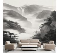 Générique Papier Peint Peinture à L'encre Orientale, Montagnes Cascade Forêt Plantes Decoration Stickers Muraux, Paysage Naturel Vinyle Murale Poster pour Chambre Salon Cuisine Meuble 200 x 140 cm