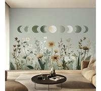 Générique Papier Peint Phase Lunaire, Motif Papier Peint Intissé Panoramique Corps Célestes Fleurs Sauvages 300x210 Wallpaper Pour Salon Chambre Deco Murale W38