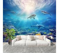 Générique Papier Peint Photo Auto-Adhésif 200x140 cm Monde Sous-Marin Animaux Dauphins Peler Et Coller 3D Panoramique Papier Peint Bleu Fresque Murale HD Intissé Poster Geant Stickers muraux