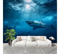 Générique Papier Peint Photo Auto-Adhésif 200x140 cm OcéAn Animaux Requins Peler Et Coller 3D Panoramique Papier Peint Bleu Foncé Fresque Murale HD Intissé Poster Geant Stickers muraux