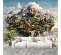 Générique Papier Peint Photo Auto-Adhésif 300x210 cm ChâTeau Fantastique Sur Une îLe Flottante Peler Et Coller 3D Panoramique Papier Peint Vert Fresque Murale HD Intissé Poster Geant Stickers muraux