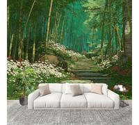 Générique Papier Peint Photo Auto-Adhésif 300x210 cm Maison Dans La ForêT De Bambous Peler Et Coller 3D Panoramique Papier Peint Vert Fresque Murale HD Intissé Poster Geant Stickers muraux
