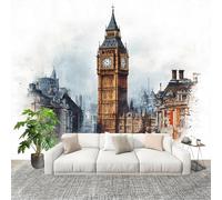 Générique Papier Peint Photo Auto-Adhésif 350x256 cm Big Ben De Style EuropéEn Peler Et Coller 3D Panoramique Papier Peint Bleu-Gris Fresque Murale HD Intissé Poster Geant Stickers muraux