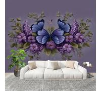 Générique Papier Peint Photo Auto-Adhésif 400x280 cm Fleurs Papillon RéTro Peler Et Coller 3D Panoramique Papier Peint Violet Fresque Murale HD Intissé Poster Geant Stickers muraux