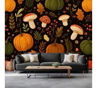 Générique Papier Peint Photo Citrouille D’Halloween Champignons Feuilles 450 x 315 cm Murale Panoramique, Noir Mural Décoration Bureau Papier Peint Murale Salon Chambre Panoramique Tapisserie