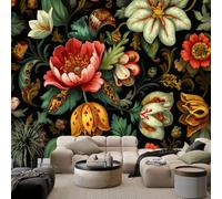 Générique Papier Peint Photo Élégant Bohème Fleurs Feuilles, Papier Peint Intissé Vert Foncé pour Salon Chambre à coucher et Appartement - Poster Décoratif Fresque Murale 350 x 256 cm (L x H)