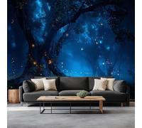 Générique Papier Peint Photo Forêt Magique Fantastique Arbre Ancien Lucioles 200 x 140 cm Murale Panoramique, Bleu Mural Décoration Bureau Papier Peint Murale Salon Chambre Panoramique Tapisserie