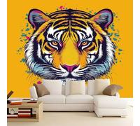 Générique Papier Peint Photo Intissé 150 x 105 cm - Décoration Murale pour Chambre d'Enfant Salon - Art Animaux Tête De Tigre Graffiti Jaune pour Maison Appartement (3 Panneaux, Colle Requise)