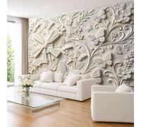 Générique Papier Peint Photo Intissé 600×420cm (L×H) Effet Plâtre Imitation Relief Motif Moulin À Vent Papillons et Fleurs. Décoration Murale Romantique et Champêtre pour Salon Chambre Ou Mur Tv.