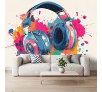 Générique Papier Peint Photo Intissé Aquarelle Casque Audio, 350x256 cm | pour Les Chambres Salon Bureau, Funky Musique Pop Papier Peint Panoramique Mural